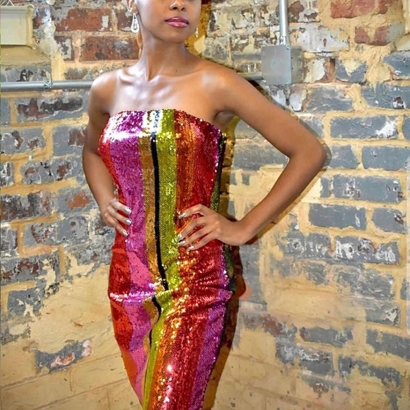 Multi Color Sequin Striped strapless Maxi Dress - Picture 6 of 7